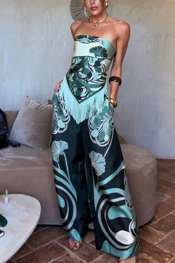 Aurie Satin Unique Artistic Print Tassel Trim Scarf Top and Elastic Waist Pocket Loose Pants Set