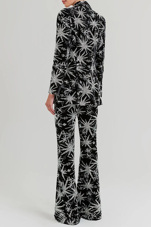 RHINESTONE ABSTRACT STARS NOTCH LAPEL BLAZER FLARED PANTS MATCHING SET