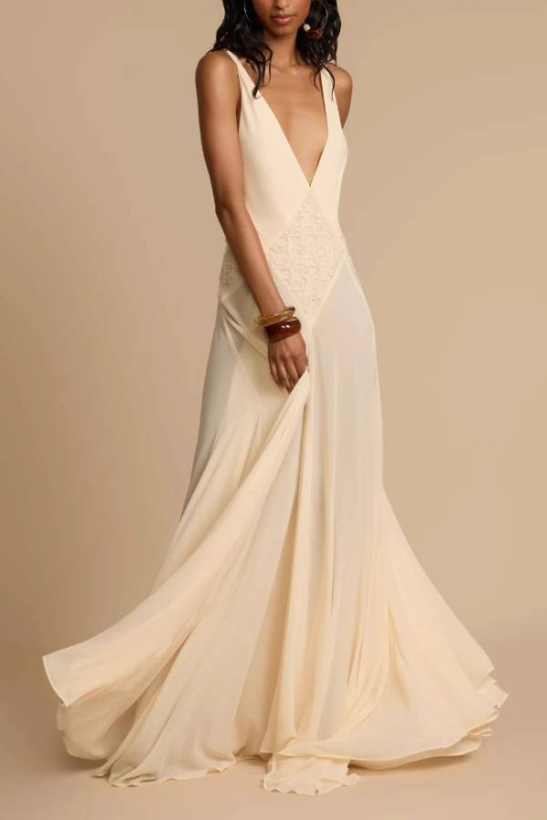 Deep V Cross Back Lace Spliced Chiffon Maxi Dress, Bohemian Wedding Dress