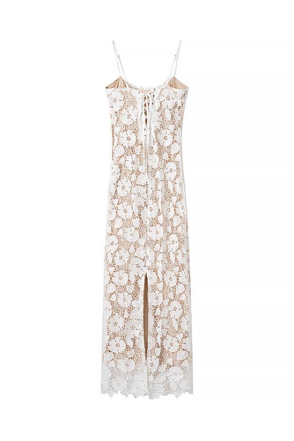 3D Floral Lace Spaghetti Strap Waist-Cinched Tie Maxi Dress