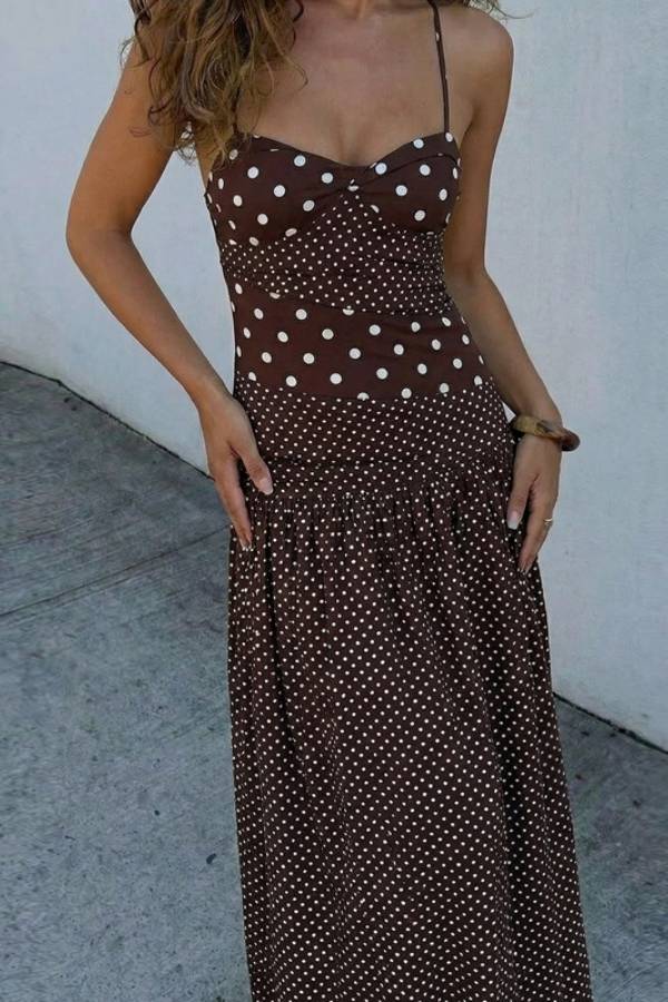 Retro Polka Dot Halter Neck Bustier Maxi Dress