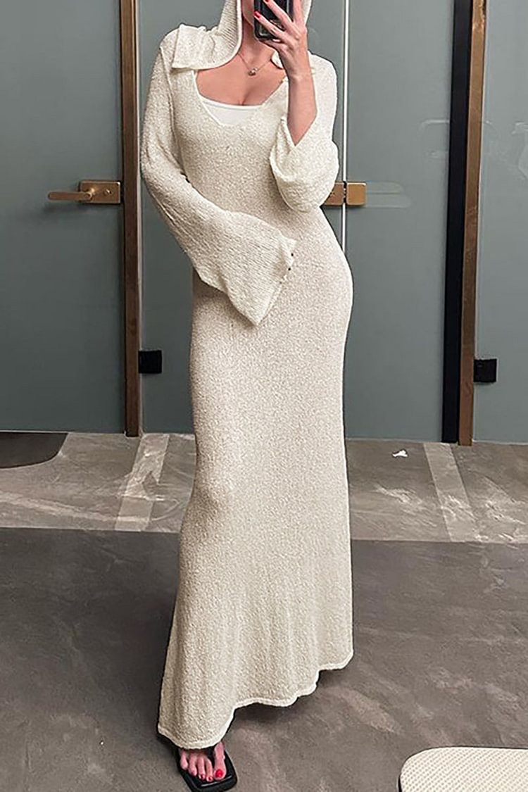 PLAIN KNIT DEEP V NECK LONG SLEEVE SLIM FIT HOODED MAXI SWEATER DRESSES