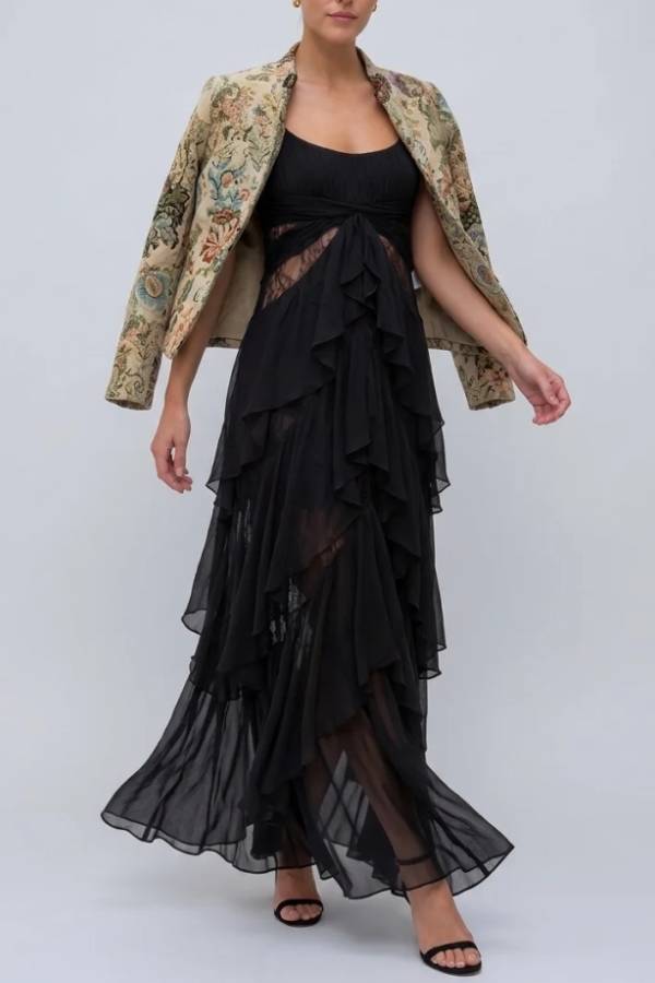 Vintage Brocade Cropped Jacket and Ruffle Maxi Dress Two Piece Set