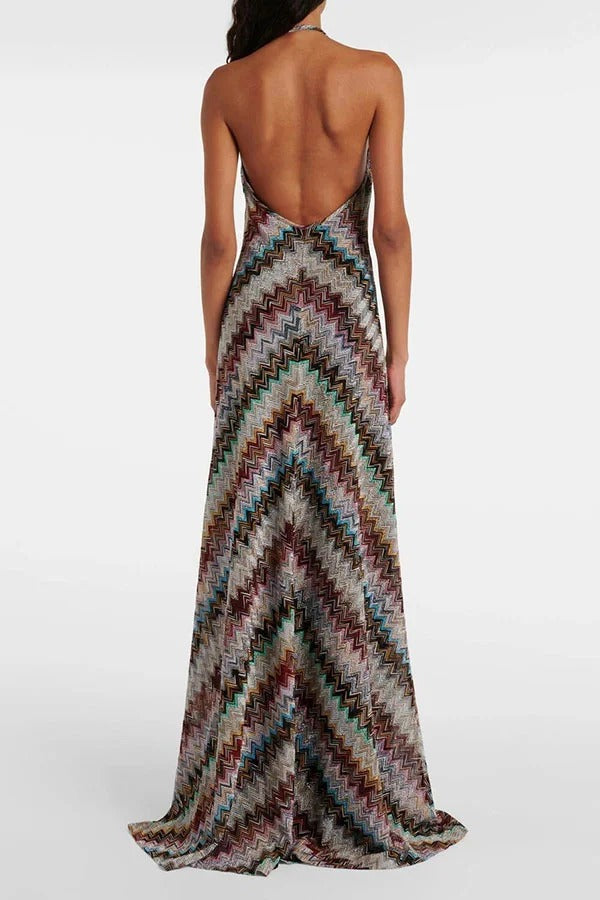 Jodie Knit Colorful Herringbone Print Halter Open Back Maxi Dress