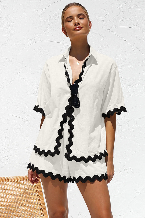 Colorblock Ripple Trim Short Sleeve Blouse Casual Shorts Matching Set