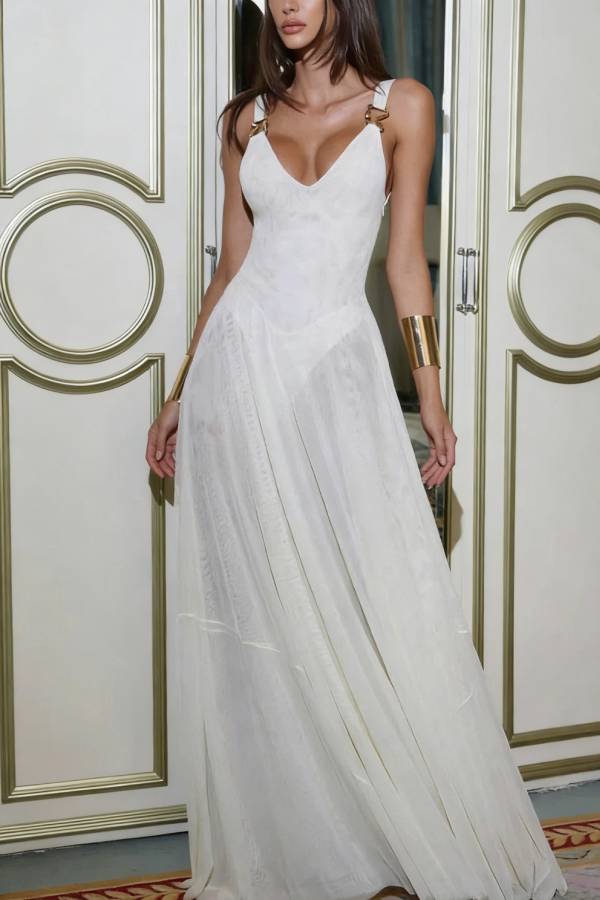 Solid Color V-neck Sleeveless Slim-fit Elegant Mesh Maxi Dress