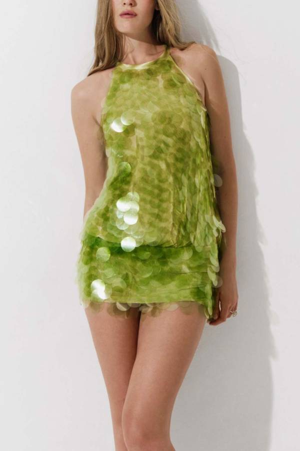 Halter Large Sequin Backless Two‑Piece Mini Skirt Set