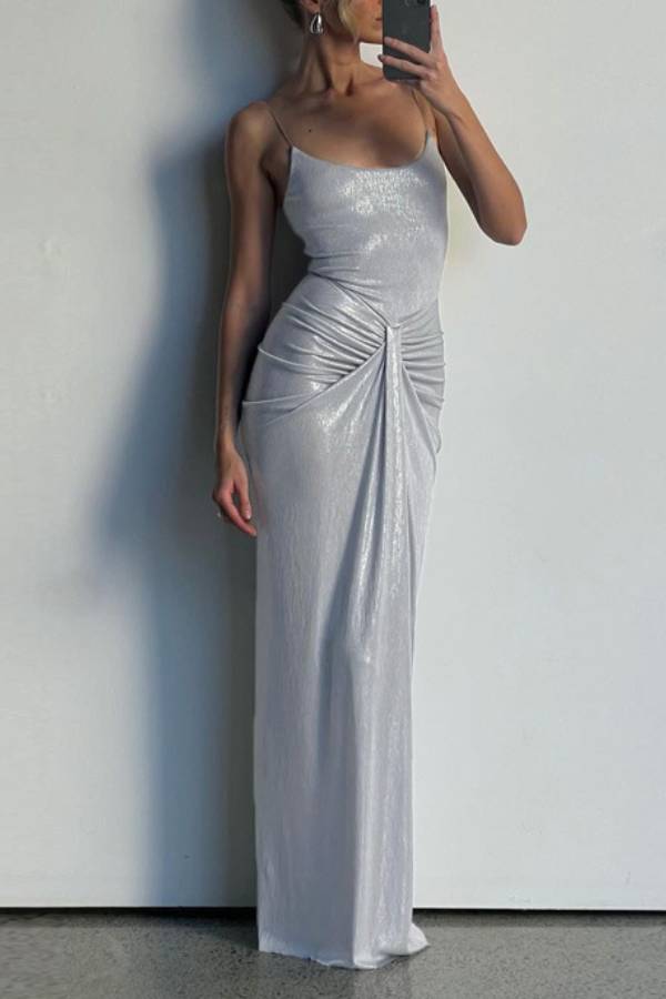 Thin‑Strap Silver Foil Twist Ruched Bodycon Maxi Dress