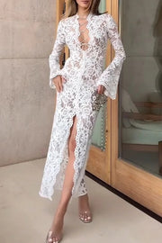 Garcelle Floral Lace Lace-up Long Bell Sleeve Slit Midi Dress