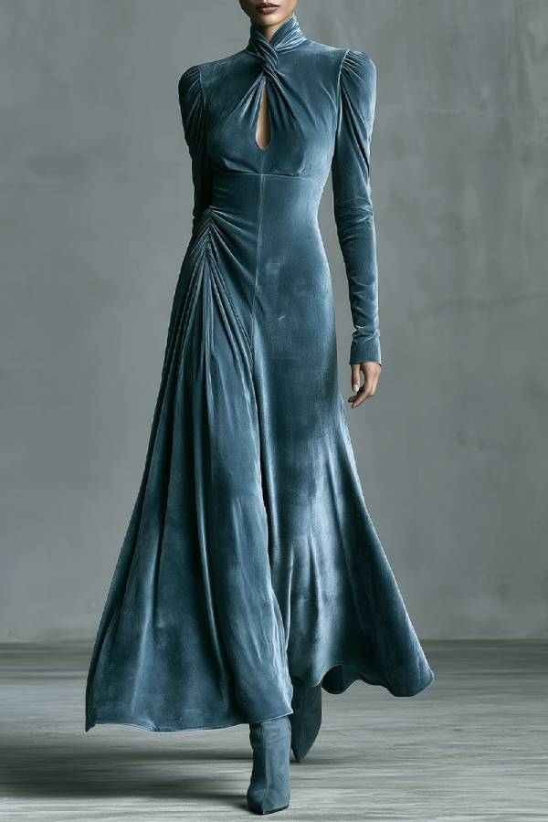 Dusty Blue Velvet Chest Cutout Twist High Neck Maxi Dress