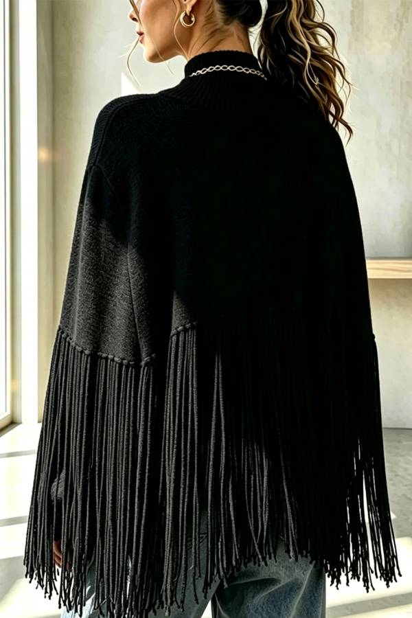 Adriana Knit Crew Neck Tassel Hem Loose Cape Sweater