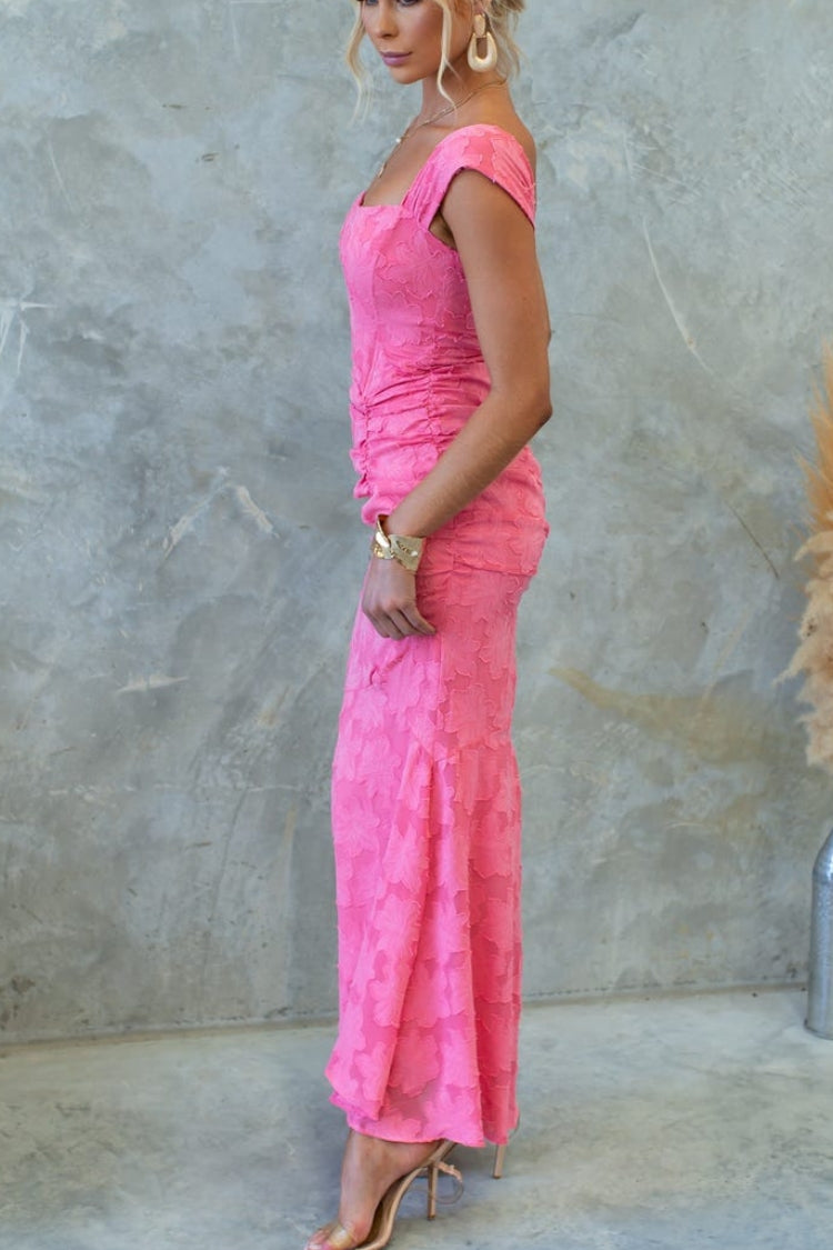 Unreal Beauty Floral Textured Material Ruched Fishtail Maxi Dress