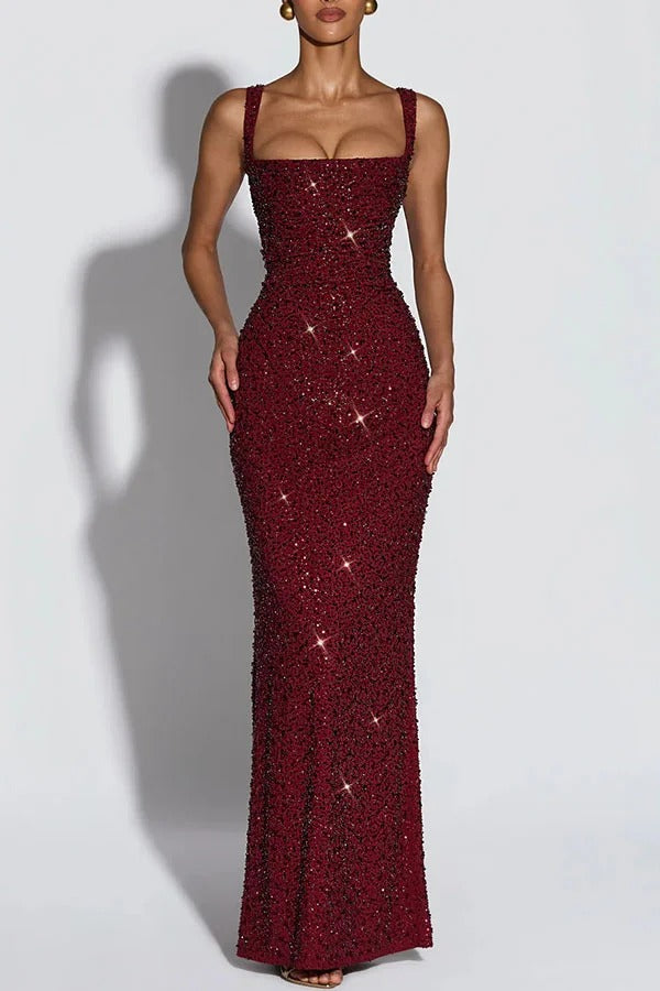 Calanthe Sequin Embellished Chiffon Ruched Square Neck Back Lace-up Maxi Dress