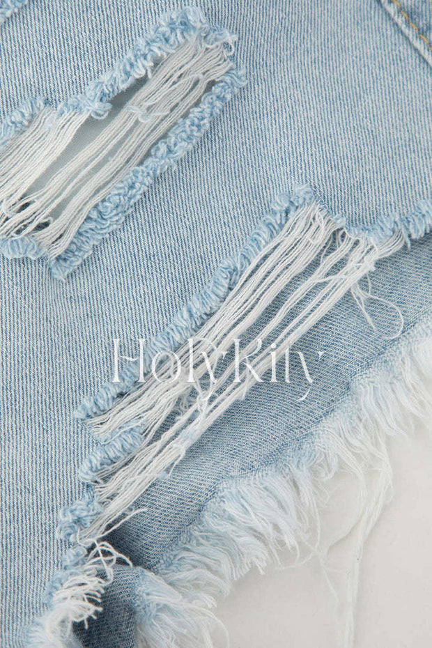 Frayed Destroyed Denim Shorts
