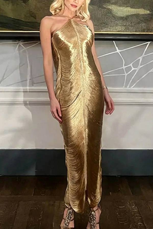 Sexy Allnight Metallic Halterneck Backless Fringed Slit Maxi Dress