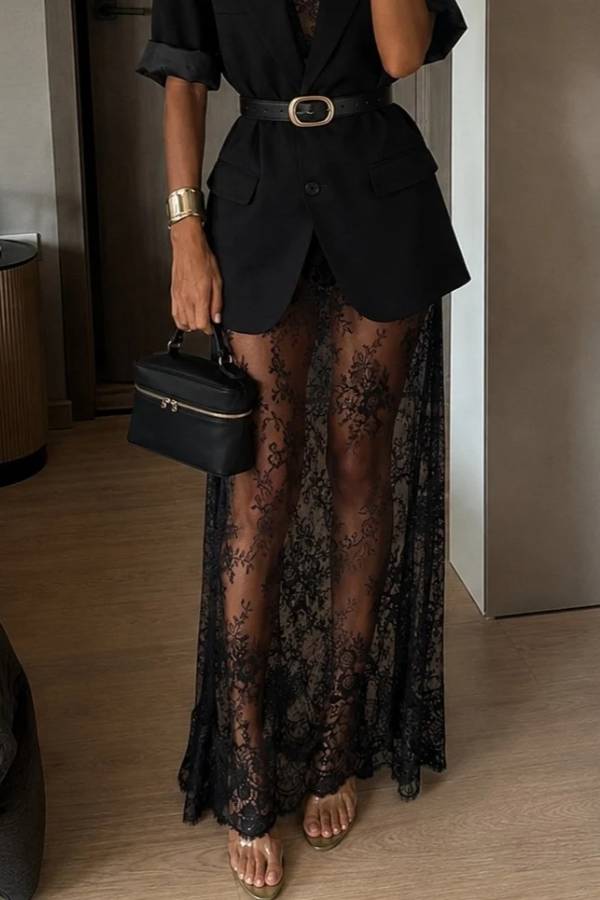 Black Short Sleeve Blazer & Sheer Floral Lace Slip Maxi Dress Two-piece Set