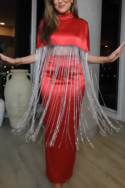 New Level Shiny Tassel Stand Neck Crop Cape Blouse