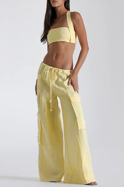 Halter Crop Top Oversize Pocket Wide Leg Pants Matching Set-Yellow [Pre Order]