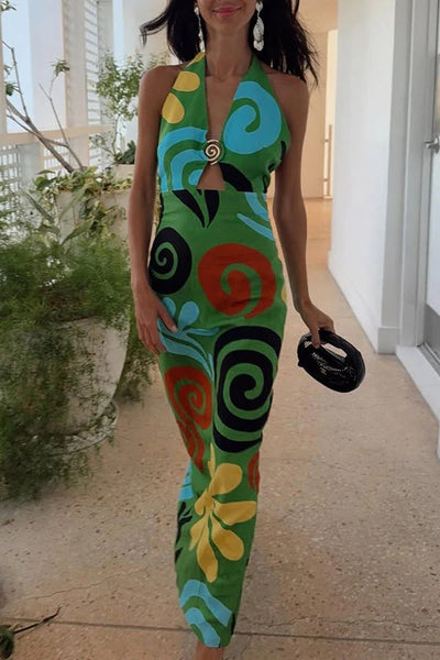 Solana Linen Blend Contrast Color Spiral Hardware Cutout Halter Maxi Dress