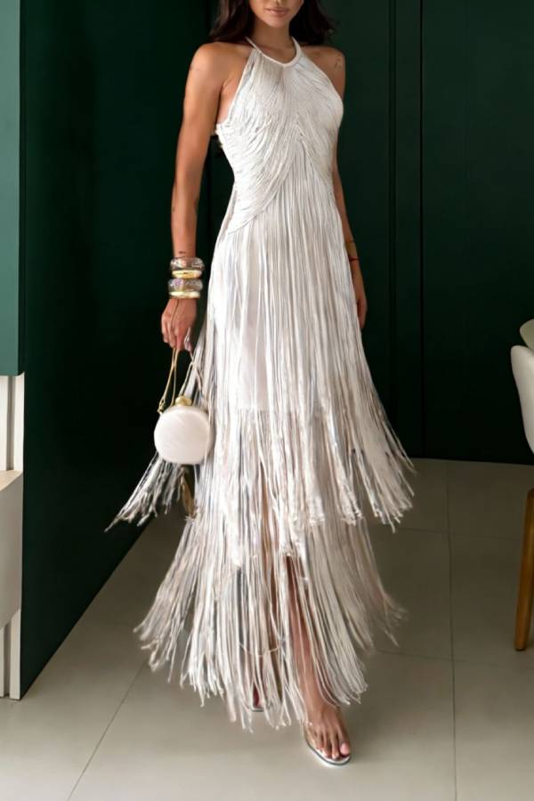 Halter Ruched Long Fringe Midi Dress Flowy Party Holiday Cocktail Gown