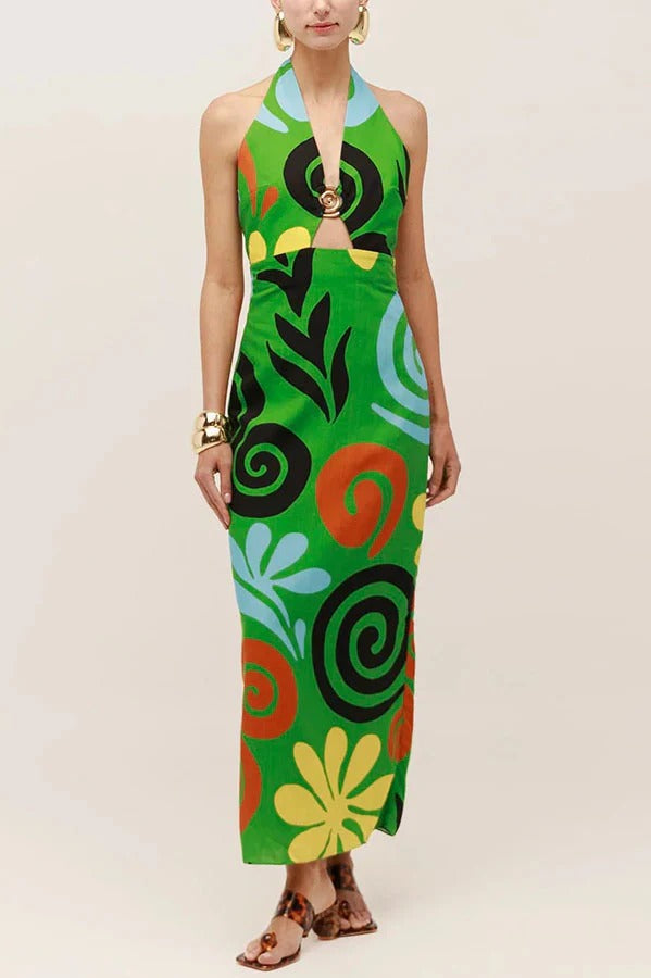 Solana Linen Blend Contrast Color Spiral Hardware Cutout Halter Maxi Dress
