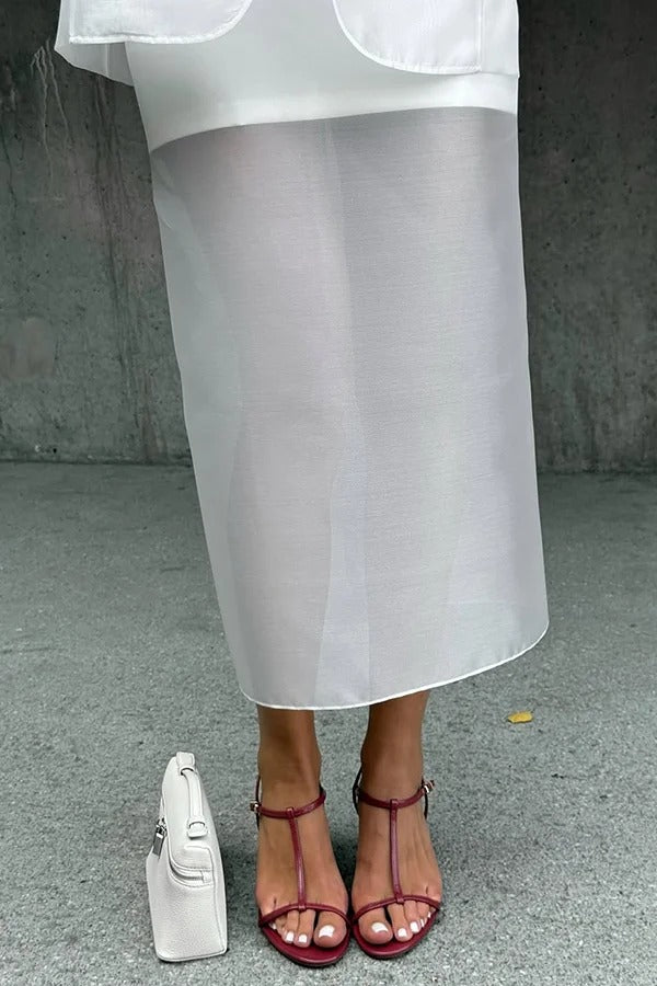 Simple and Light See-through Fabric Mid Rise Pencil Slit Midi Skirt