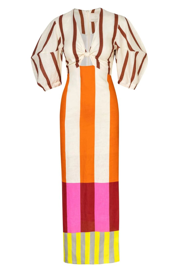 Kaya Linen Blend Color Block Print Front Cutout Knot Puff Sleeve Maxi Dress