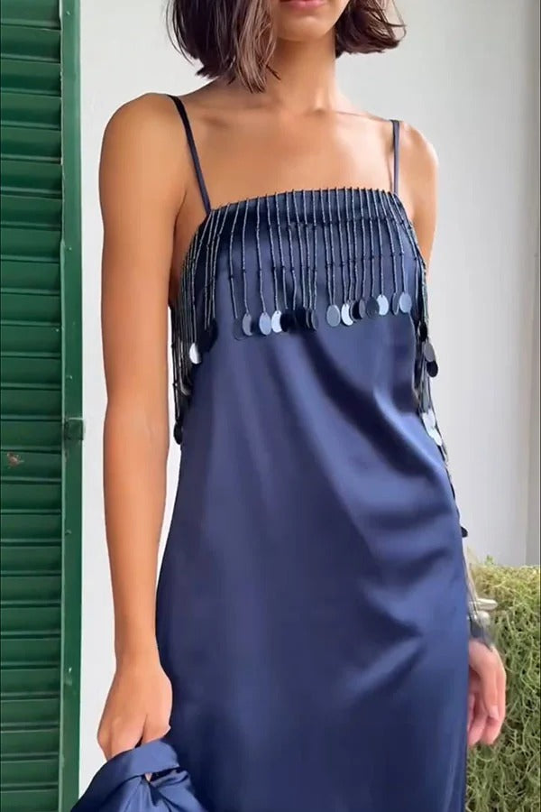 The Great Gatsby Satin Beaded Sequin Trim Open Back Slip Maxi Dress