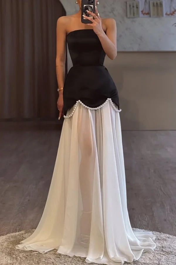 Jiya Satin Petal Hem Pearl Detail Chiffon Cape Strapless Maxi Dress