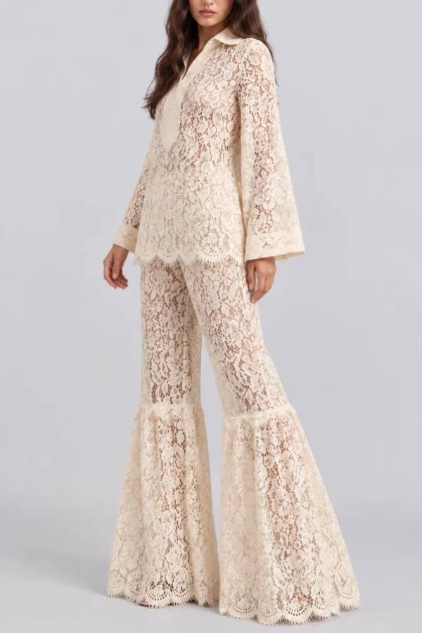 Vintage Floral Lace Long Sleeve Tunic Top and Flared Wide Leg Pants Set