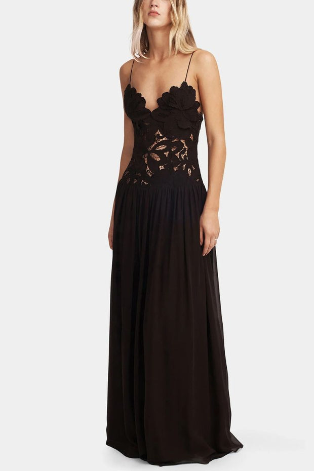 Stephanie Flower Crochet Lace Bust Chiffon Fluffy Hem Maxi Dress