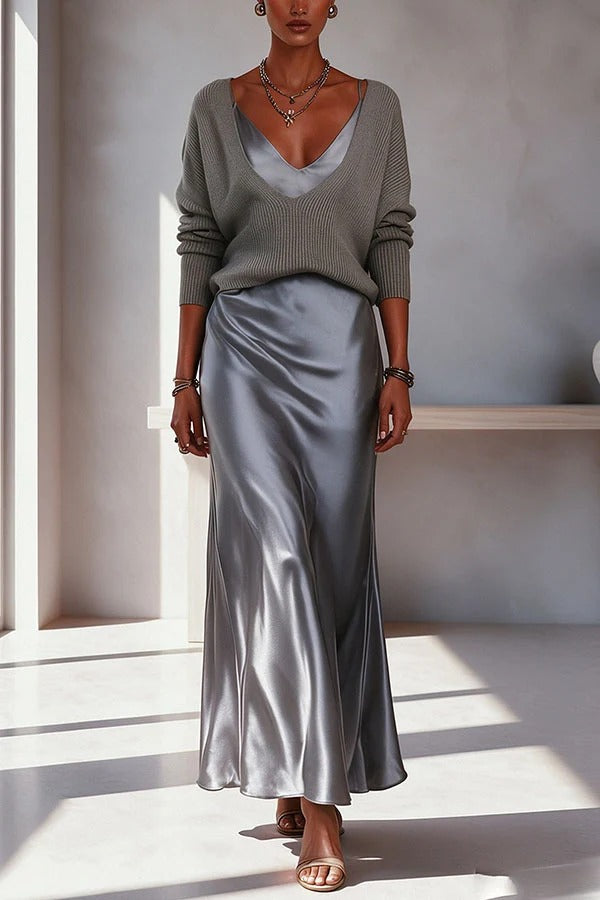 Velma Ribbed Knit V-neck Long Sleeve Relaxed Sweater and Satin Slip Midi Dress