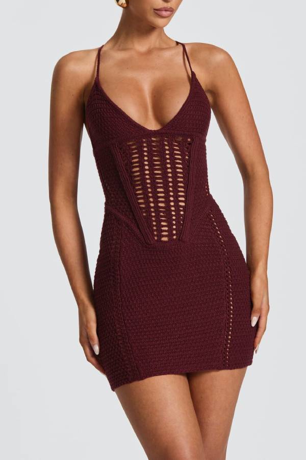 V-Neck Cutout Knit Lace-Up Bodycon Mini Dress