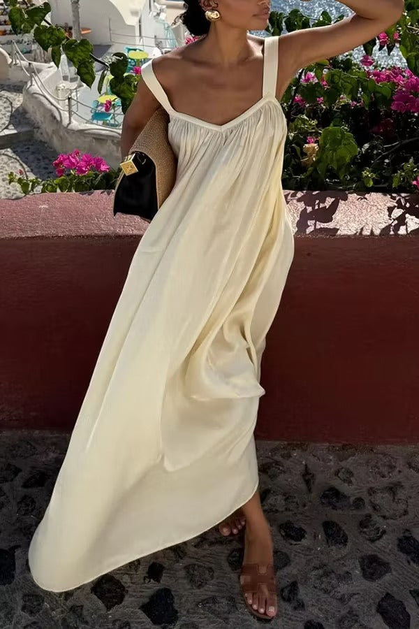 Pearlescent Luster Satin Wide Strap Open Back Loose Maxi Dress