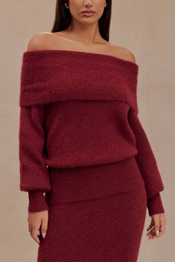 Charlotte Knit Bardot Neck Off Shoulder Long Sleeve Relaxed Sweater