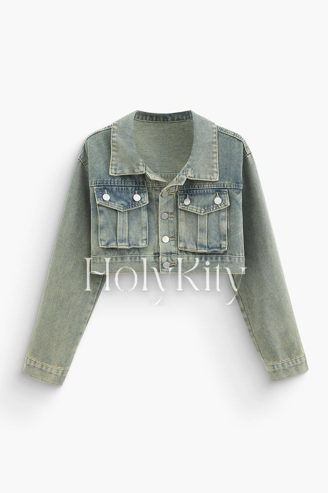 Veste courte en jean boutonnée avec poche à rabat effet vieilli 