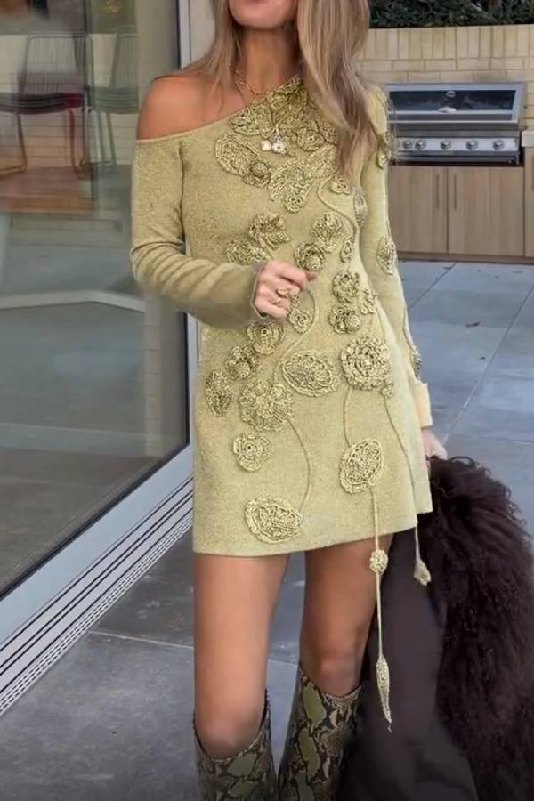 Olive Green 3D Floral Applique One Shoulder Long Sleeve Mini Dress