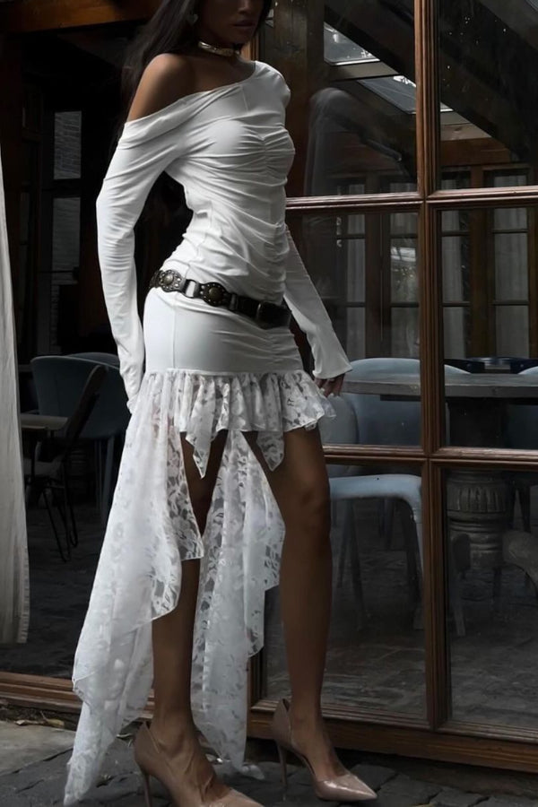 Sexy Backless Gathered Lace Panel Maxi Dress