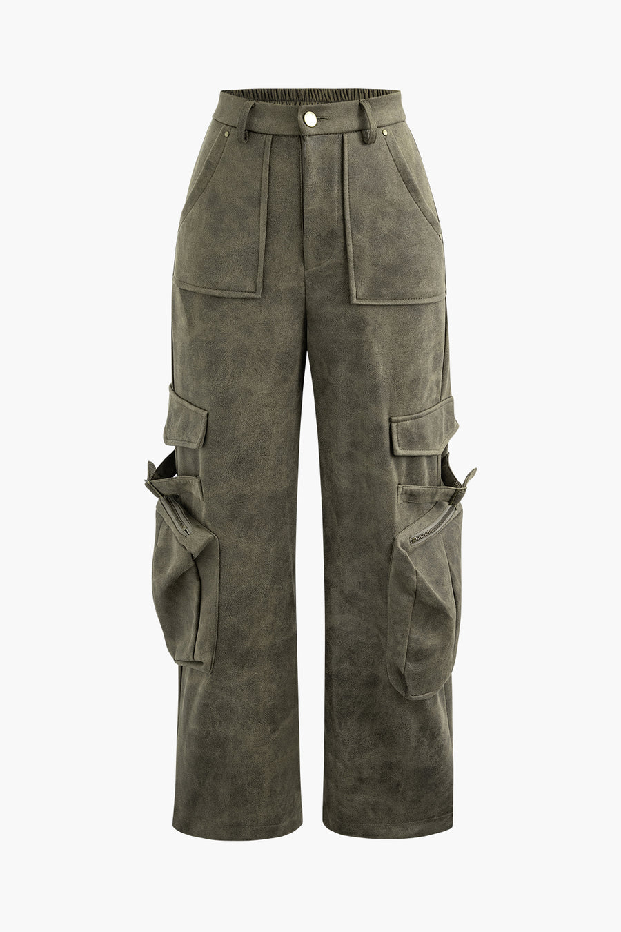 Pantalon cargo droit multi-poches en similicuir 