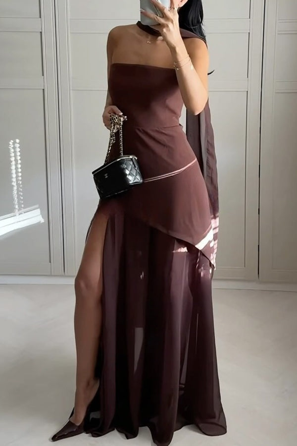 Monaco Off Shoulder Structured Top Chiffon Slit Hem Scarf Maxi Dress