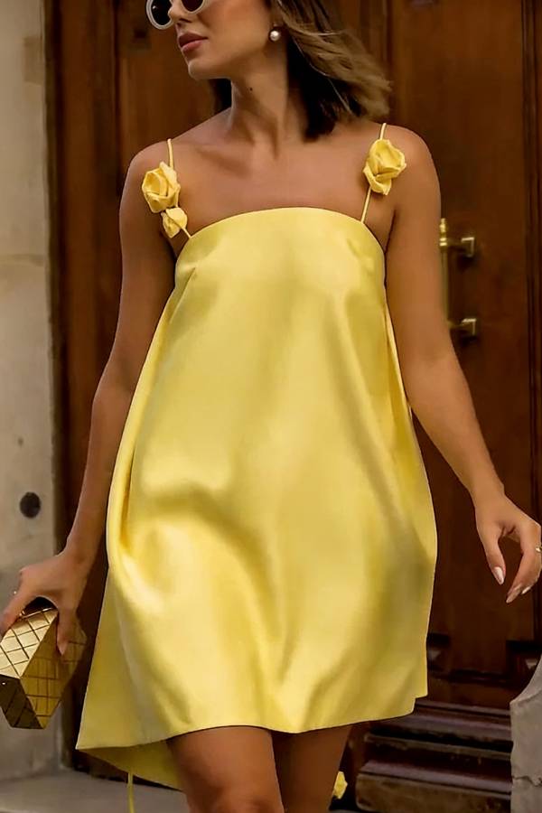 Playful and Flattering Silhouette 3D Rose Drape Straps A-line Mini Dress