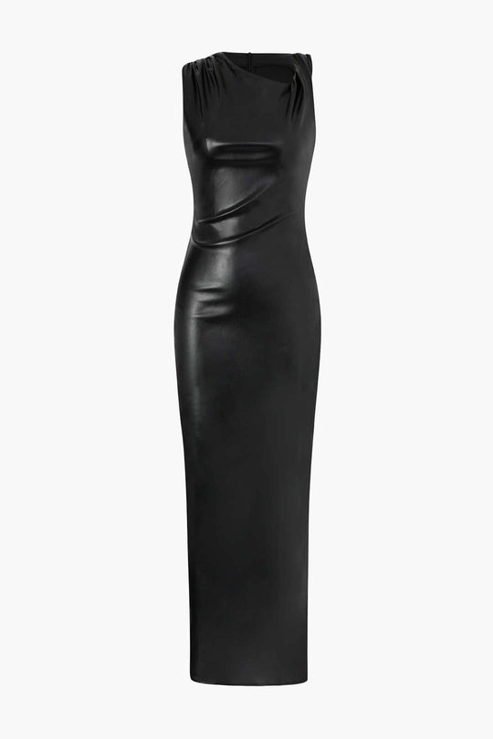 Robe longue fendue en similicuir à épaules asymétriques 