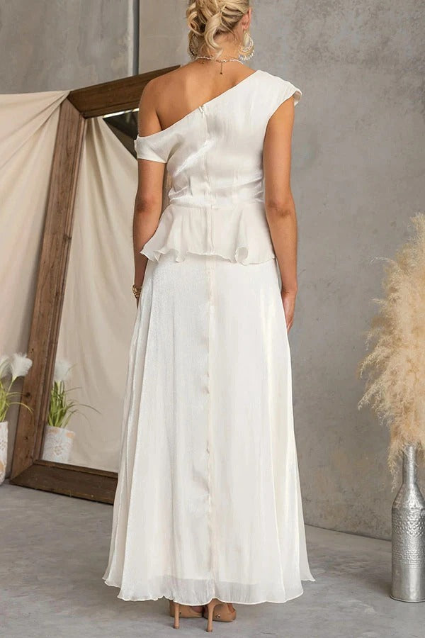 Yara Metallic One Shoulder Ruched Ruffle Hem Top and High Rise Flare Maxi Skirt Set