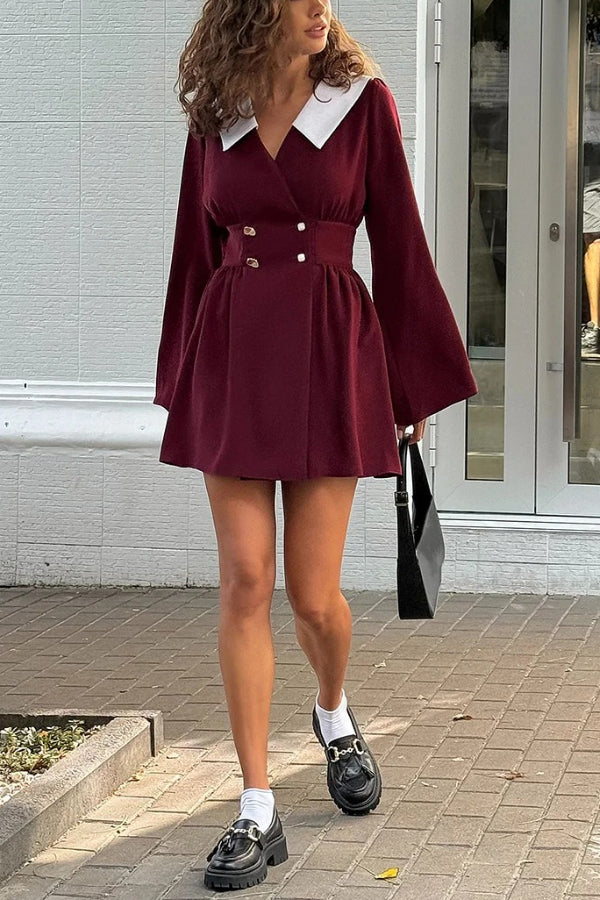 Color Block Cinch Waist Turndown Collar Mini Dresses-Burgundy[Pre Order]