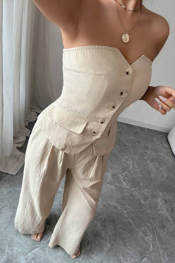 Elegant Button Vest Wide Leg Trousers Set