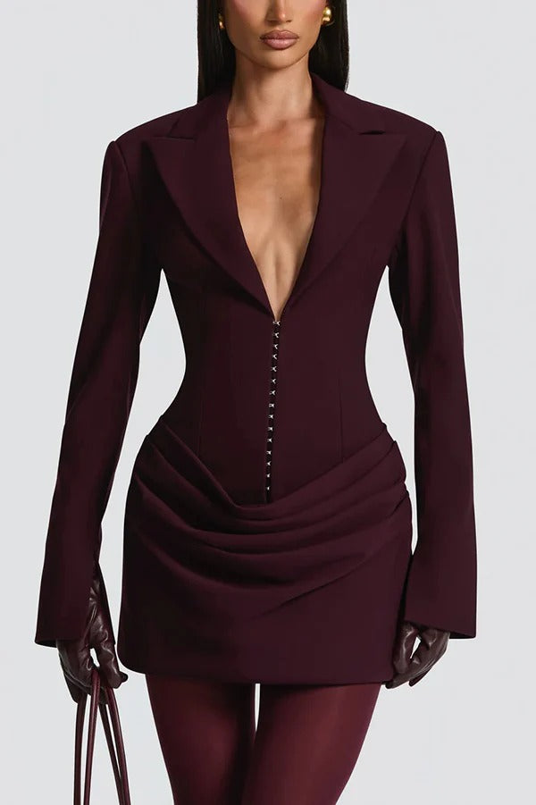 Solid Color Slim-fit V-neck Elegant Draped Formal Mini Dress