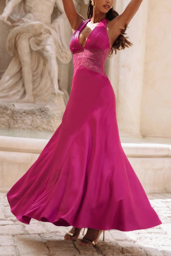 Virella Satin Lace Waist Pleated Halter Neck Straps Back Lace-up Maxi Dress