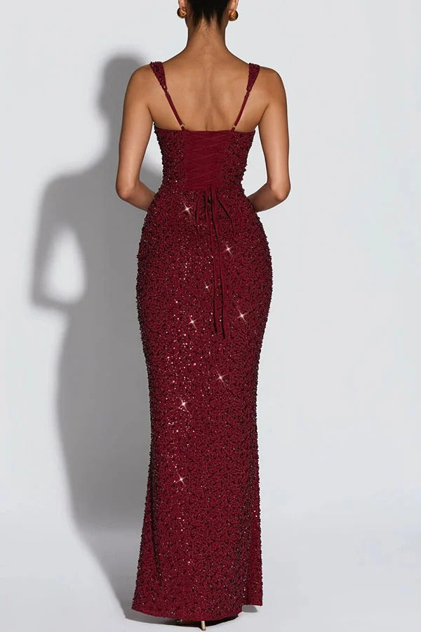 Calanthe Sequin Embellished Chiffon Ruched Square Neck Back Lace-up Maxi Dress