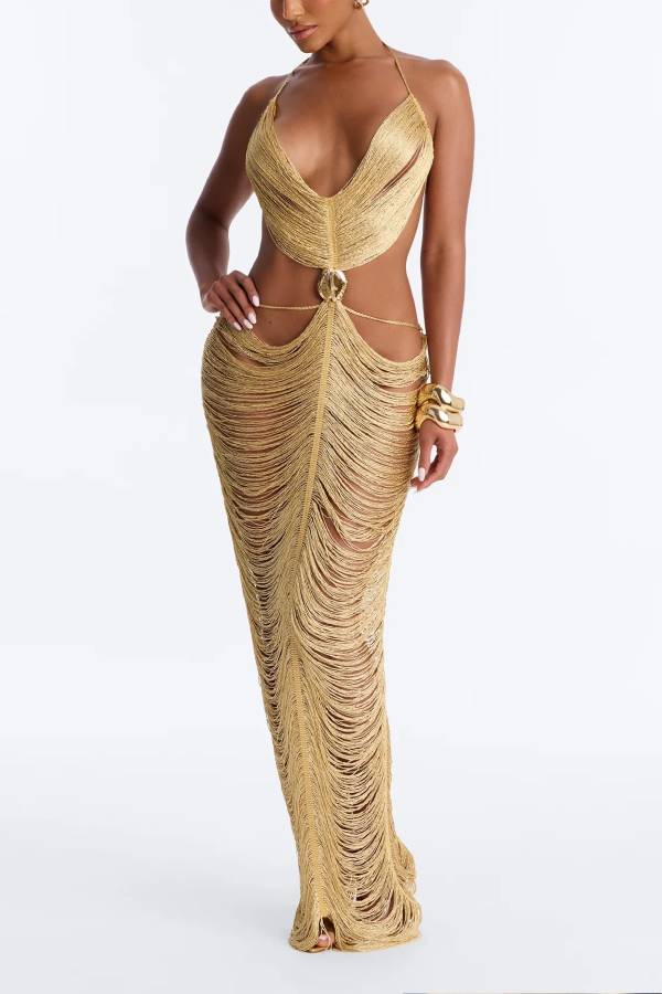 Tulum Goddess Hollow-Out Fringe Dress