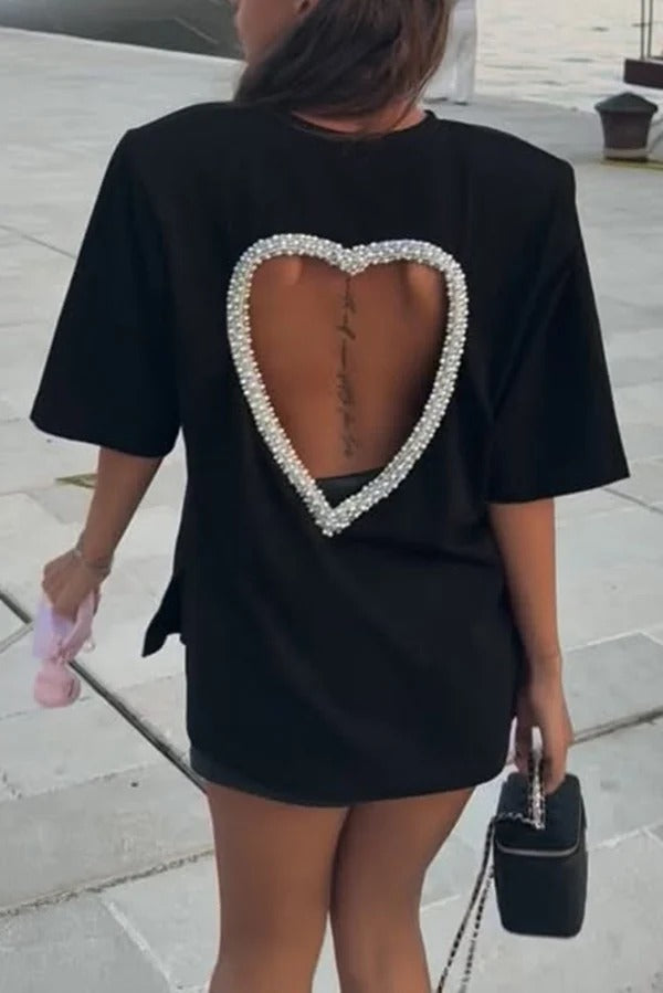 Evelia Shoulder Pads Short Sleeve Back Cut Out Pearls Trim Heart Design Long T-shirts